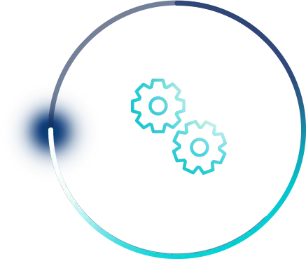 Two turquoise gear icons inside a circular frame with a blue and gray gradient background.