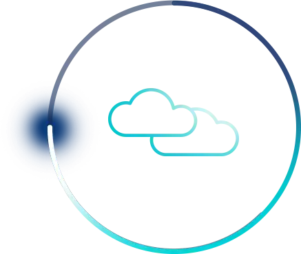 A stylized graphic of a cloud outlined in blue with horizontal glitch-like lines across a circular background.
