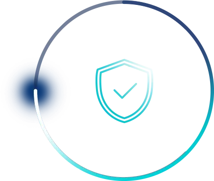 A circular icon with a blue shield and check mark symbol, partially obscured by a blue and white abstract design.