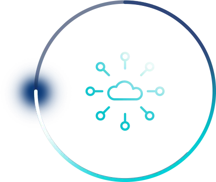 A cloud icon connected to multiple nodes is shown inside a circular gradient border, suggesting a network or cloud computing concept.
