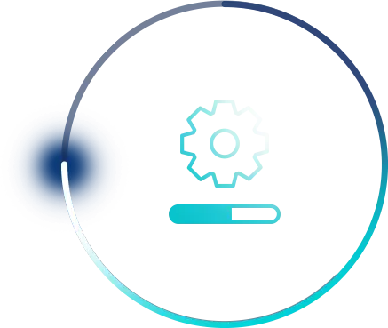 A blue gear icon above a progress bar inside a circular design, suggesting a software update or loading process.