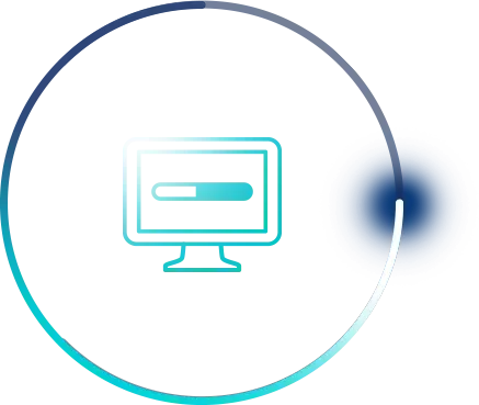 Stylized icon of a computer monitor with horizontal bars on the screen, enclosed in a blue circular frame with a white accent.